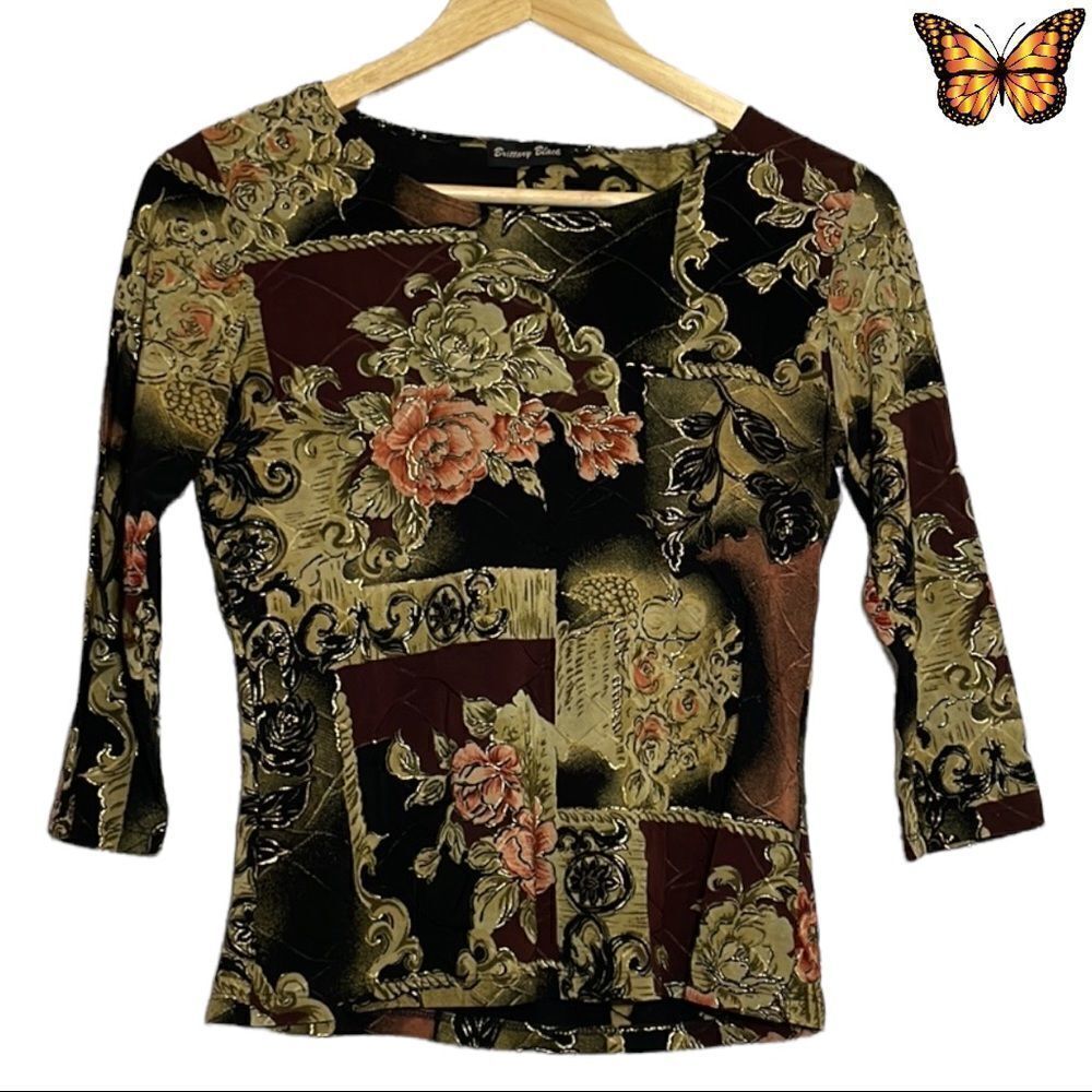 BRITTANY Black 3/4 Sleeve Floral and Ribbed Detailed Top Size Unknown